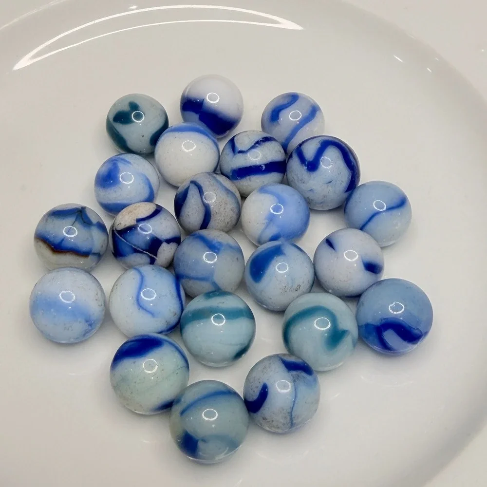Vintage Blue & White Swirl Glass Marbles Lot (~25) – Vitro Style – Mixed Cond.